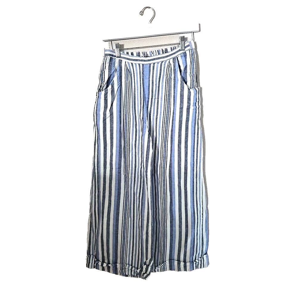 Lola P. Blue Striped Linen Beach Casual Wide Leg Cropped Pants‎ Womans Size 1X